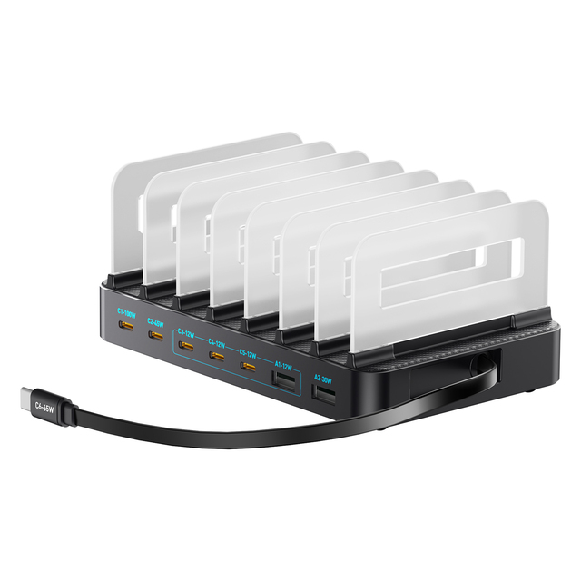 KABBOL 288W GaN Desktop Charging Station 8 Ports Fast Charger Hub with 65W Retractable Cables and Stand for Multiple Devices