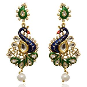 Kriaa Kundan Meenakari Pendientes colgantes de pavo real Diseño colgante fino-1305402 - Product Image 1