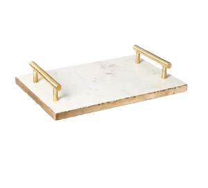 Plateau de service rectangulaire en marbre de qualité supérieure avec poignée pour la cuisine et marbre blanc et métal de fer fini or - Product Image 1