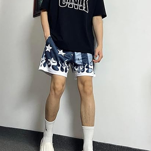 Pantalones cortos de baloncesto para hombre Flame Graphic Print, Casual Workout Athletic Mesh Running Short Pants Star Flame Black Grey - Product Image 3