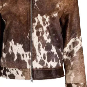 Cheveux d'impression de vache pour femmes sur la veste en cuir de peau Style occidental Zip complet sur le devant avec texture de fourrure naturelle - Product Image 6