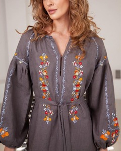 Alta moda ucraniano bordado Puff Vestido de manga larga pantorrilla abertura lateral Midi Club Wear bodas europeo hecho tela duradera - Product Image 3