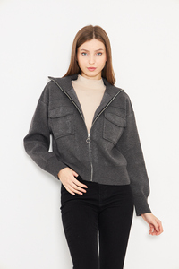 Manteau court décontracté pour femmes tricot à glissière en acier tricot manteau quotidien confortable avec col à capuche haut élégant confort assaisonné - Product Image 2