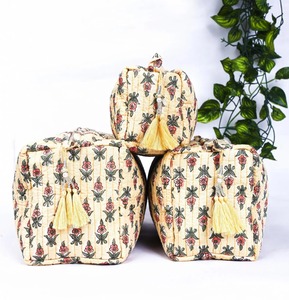 Handmade Block Print Quilted Cotton Large Cosmetic Bag Set Eco-Friendly for Toiletry Organizer Zipper <b>Light</b> Yellow Waterproof - Product Image 5