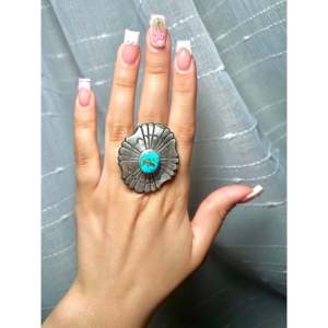 Navajo Handmade <b>Statement</b> <b>Ring</b> Kingman Turquoise & Sterling <b>Silver</b> Bezel Setting Size 6.75 for Everyday Wear - Product Image 5