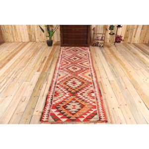 Vintage Kilim <b>Runner</b> Rug 3x9.5 ft (92x291 cm), Turkish <b>Red</b> Solid Wool Rug - Product Image 1