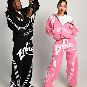 ชุดเซ็ตเสื้อฮู้ดซิปเต็มตัวและกางเกงขายาวทรงบานพิมพ์ลายพัฟฟ์ผ้าฝ้ายสั่งทำพิเศษสำหรับผู้หญิงและผู้ชาย - Product Image 1