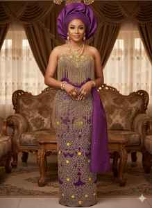 Tenue de mariage ethnique africaine pour femmes et filles avec motif floral perlé à la main, couleur et tissu personnalisables, 100 % polyester - Product Image 6