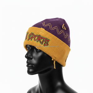 Gorro de gorro para hombre de alta calidad, Material acrílico grueso, doble Color, púrpura, amarillo, logotipo personalizado, diseño bordado, gorro jacquard - Product Image 3