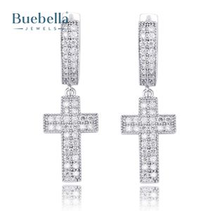 Venta caliente 925 Plata DE LEY 14K Oro blanco Iced Double Rows Cross Earring para hombres Joyería de estilo rapero - Product Image 2
