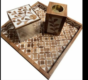 Artesanía, Bandeja Redonda de Madera de Acacia con Incrustaciones de Resina, Caja, Quemador de Incienso, Juego de Bakhoor - Product Image 1