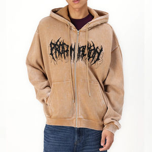 Sweat à capuche pour homme en coton éponge français, léger, zippé, avec broderie en strass, lavé à l'acide - Product Image 4