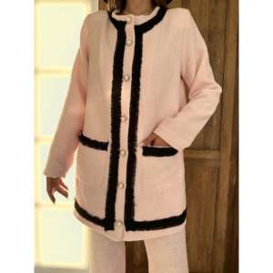 Ensemble veste et pantalon en tweed rayé rose et noir, design sans col, vente en gros - Product Image 2