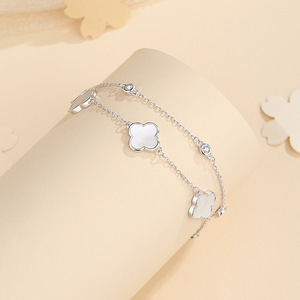 Ada Đồ Trang Sức Sẵn Sàng Để Tàu Phụ Nữ S925 Bạc Trắng Mẹ Ngọc Trai May Mắn Bốn Lá Cỏ Ba Lá Hai Lớp Zircon Vòng Đeo Tay - Product Image 4