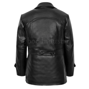 เสื้อโค้ทหนังยาวกระดุมสองแถวสำหรับผู้ชายเสื้อโค้ทหนัง Napa แท้สีดำมีสไตล์ยาวคลุมเข่าสำหรับใส่ทำงาน - Product Image 6