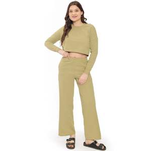 Conjunto conjunto de lujo de color sólido para mujer, Top de punto con cuello redondo y pantalón, mezcla de poliéster, fácil uso diario - Product Image 3