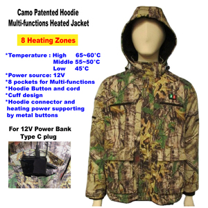 เสื้อแจ็คเก็ตอุ่นลายพรางสำหรับล่าสัตว์ แบบ OEM ซักเครื่องได้ ใช้ปลั๊ก Type-C 12V พร้อมระบบควบคุมความร้อนแบบสองโซน และแผ่นทำความร้อน 8 ชิ้น - Product Image 3
