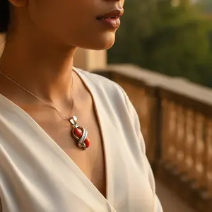 Colgante de Coral de Plata 925 con Detalles de Diamantes, Regalo para Ella, Categoría de Productos de Colgantes y Dijes de Diamantes - Product Image 3