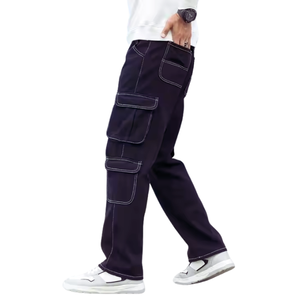 Pantalones de mezclilla bordados de moda cómodos y elegantes para hombre, cintura alta, patrón sólido, ajuste relajado, recto, todo ligero, informal, otoño - Product Image 2