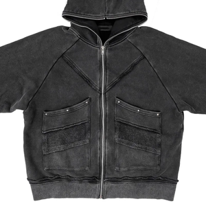 Sweat à capuche personnalisé délavé à l'acide pour homme, en molleton français, logo intégral, fermeture éclair intégrale - Product Image 2