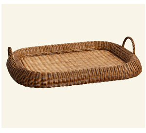 Plateau de service en bois décoratif rectangulaire avec poignée en métal, plateau en rotin tissé à la main de haute qualité - Product Image 2