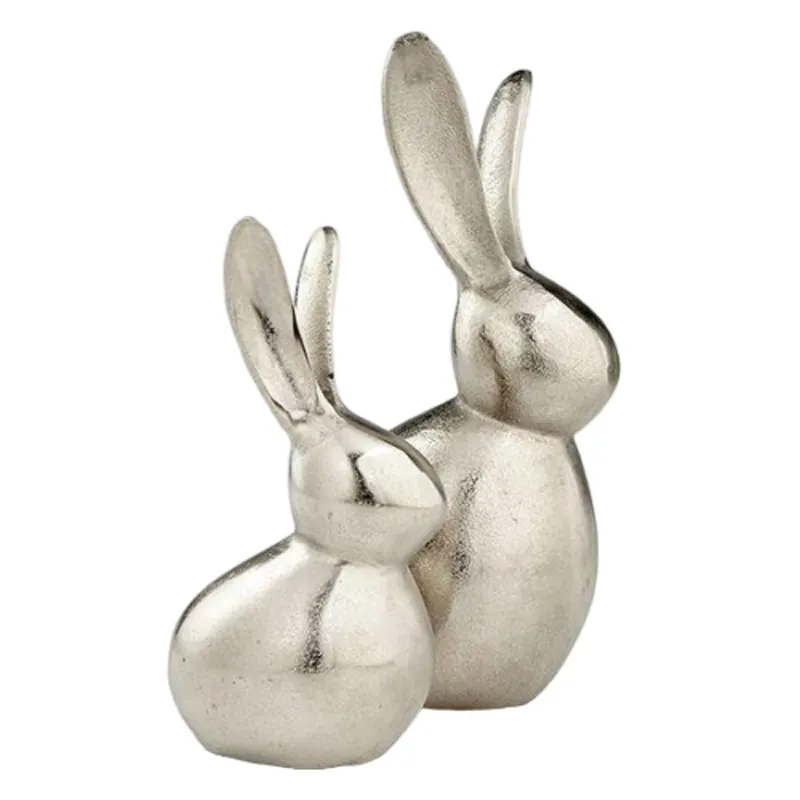 Coelho Kraft exclusivo com desenho atraente, par de coelhos em alumínio e prata, peça decorativa vintage, coelhinhos figurais em massa