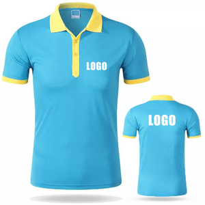 Polo deportivo personalizado para hombre y mujer, camisa con logotipo bordado personalizado, azul cielo, venta al por mayor, cuello amarillo - Product Image 1
