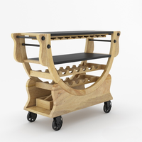Chariot de bar en teck massif, artisanal, éco-responsable, style industriel antique, pour usage domestique, avec porte-bouteilles et porte-verres.