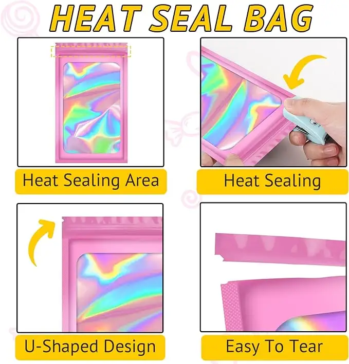 Aangepaste Sieraden Rits Water Proof Hersluitbare Tas Plastic Roze Holografische Tas Regenboog Verpakking