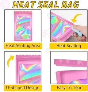 Individueller Schmuck Reißverschluss wasserdichte wiederverschließbare Tasche Kunststoff rosa holografische Tasche Regenbogenverpackung