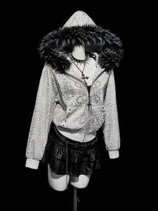 Leopard Rhinestone Zip Up Women's Hoodies Faux Fur Trim Y2K <b>Aesthetic</b> Streetwear Embellished Design Custom <b>Logo</b> OEM ODM Factory - Product Image 4