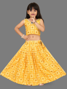 Ensemble Lehenga Choli traditionnel jaune Bandhani pour enfants de Shoryam Fashion |   Tenues de fête de mariage Diwali entièrement cousues pour filles, prêtes à porter - Product Image 2