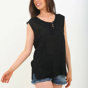 Casual <b>Sleeveless</b> Rayon Top <b>for</b> <b>Women</b> Solid Color Lightweight Breathable Embroidered Button Design Long Length-<b>for</b> Office Wear - Product Image 1