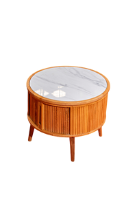 Mesa auxiliar redonda decorativa moderna de mediados de siglo a precio al por mayor con tapa de mármol blanco falso y acabado de roble con listones - Product Image 4