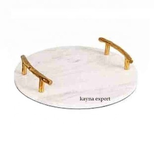 White Marble Serving Tray Gold Platted Handle Round Marble Base with Metal Gold Handle Tray for Serving Food and <b>Sweets</b> Tray - Product Image 1