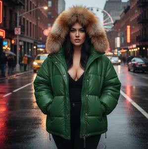 Veste en cuir matelassée verte pour femme avec col en fourrure de renard, motif à carreaux, fermeture éclair, veste bomber d'hiver - Product Image 2