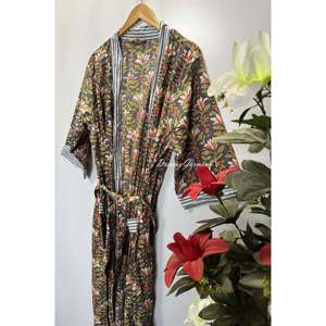 Robe Kimono en Coton Imprimée à la Main, Motif Floral Indien, Peignoir de Nuit, Robe de Bain Douce Tissée avec Cordon de Serrage pour l'Été, Taille Unique - Product Image 5