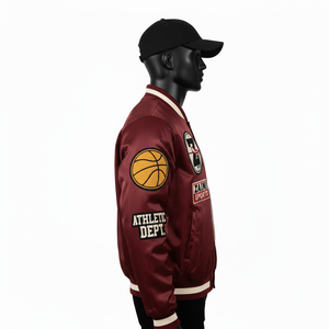 Chaqueta Bomber Satinada de Alta Calidad, 300 GSM, Color Granate, Estilo Atlético, con Parche de Chenilla Personalizado y Logotipo Bordado, para Hombre - Product Image 5