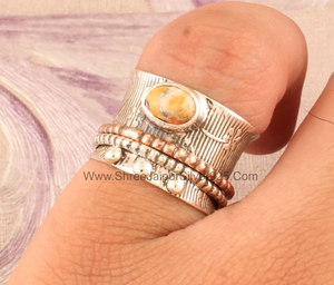 Oyster Copper Turquoise Solid 925 <b>Sterling</b> Handmade Wedding <b>Ring</b> Boho Style <b>Spinner</b> Oval Meditation for Parties - Product Image 5