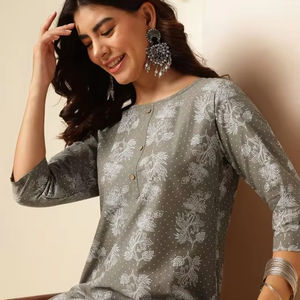 Mujer estampado floral cuello redondo puro algodón recto Kurta indio Pakistán kameez - Product Image 1