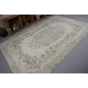 พรมตุรกีวินเทจขนแกะสีเบจสีฟ้า6.1 x 9.3ft แบนถักลายสำหรับตกแต่งห้องนั่งเล่นห้องโถงใช้น้ำยาง - Product Image 5