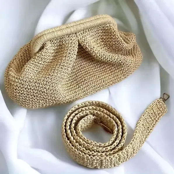 Desain terbaru tas genggam ramah lingkungan Crochet rafia tas musim panas buatan tangan rajutan tas tenun dengan tali opsional