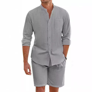 Dernier modèle 2025 Ensemble deux pièces décontracté vêtements de plage pour hommes Ensemble confortable avec chemise boutonnée à manches longues - Product Image 3