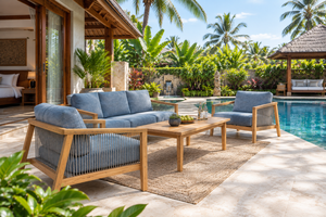 Tropical Outdoor <b>Sofa</b> Set <b>Wood</b> <b>Frame</b> Blue Cushion Waterproof Garden Furniture for Villa Patio - Product Image 2