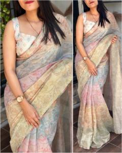 Incroyable robe Tashpa Organza avec Saree Zari doré avec impression numérique Katha paillettes et bordure multi-fils à vendre - Product Image 4