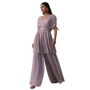 All'ingrosso donna abbigliamento etnico OEM fornitore di abbigliamento personalizzato Set Top Palazzo color lavanda viola In Georgette con paillettes - Product Image 1
