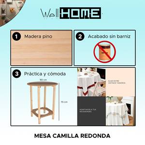 WELL HOME Mesa Redonda con Pedestal, Acabado Sin Barnizar, 90x90x75 cm, para Mesitas de Noche - Product Image 2