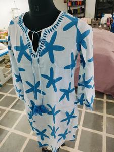 Vestido Mini Elegante para Mujer con Escote Bordado, Estampado de Estrella de Mar Aqua, Lazo en el Cuello, Corte Holgado, Estilo Boho Chic, Túnica - Product Image 3