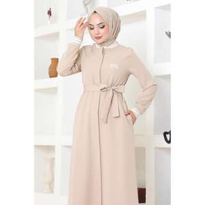 Manteau Abaya côtelé beige boutonné pour femme Mega Merchant – Veste et Trench-coat quotidiens modestes - Product Image 2