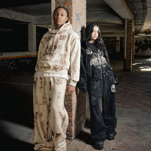 Heavy French Terry Spray Acid Wash Vintage Cropped Boxy Fit 450 Gsm Oversized Unisex Full Double Side Zip up Cotton Hoodie Set - Product Image 1